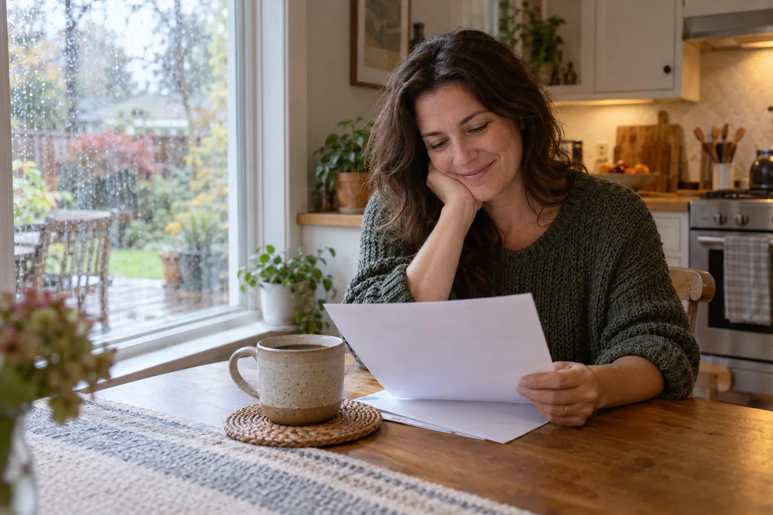 A homeowner reviewing a written roof quote at the kitchen table