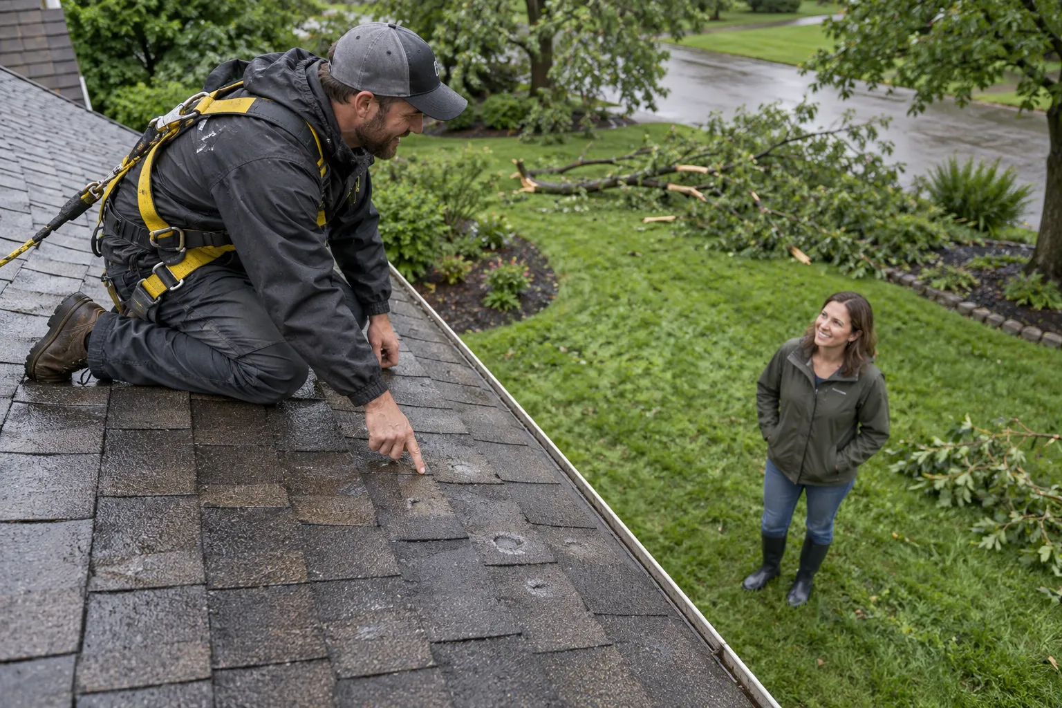 Local roofing provider inspecting storm-damaged shingles on a home near Carbonado